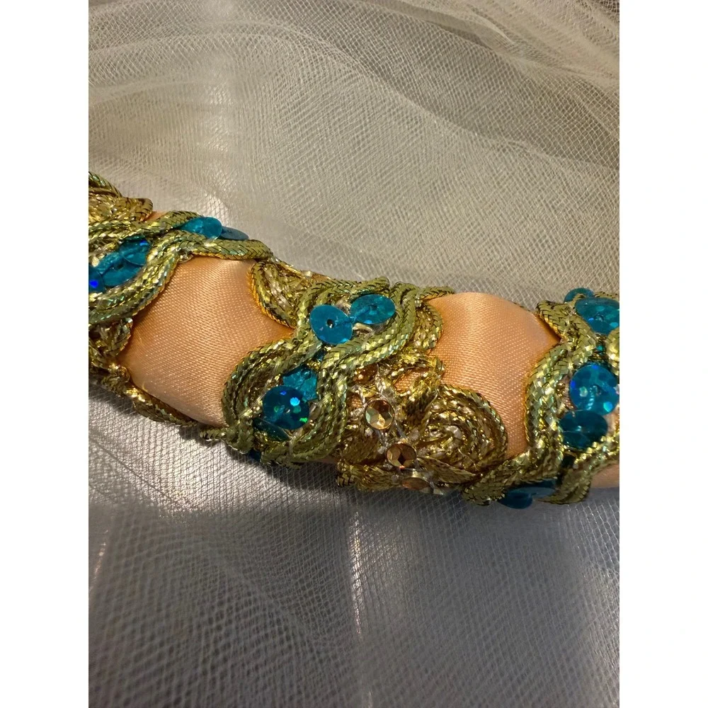 Beaded Tulle Headband Veil Women OS Peach Gold Renaissance Festival Fairy